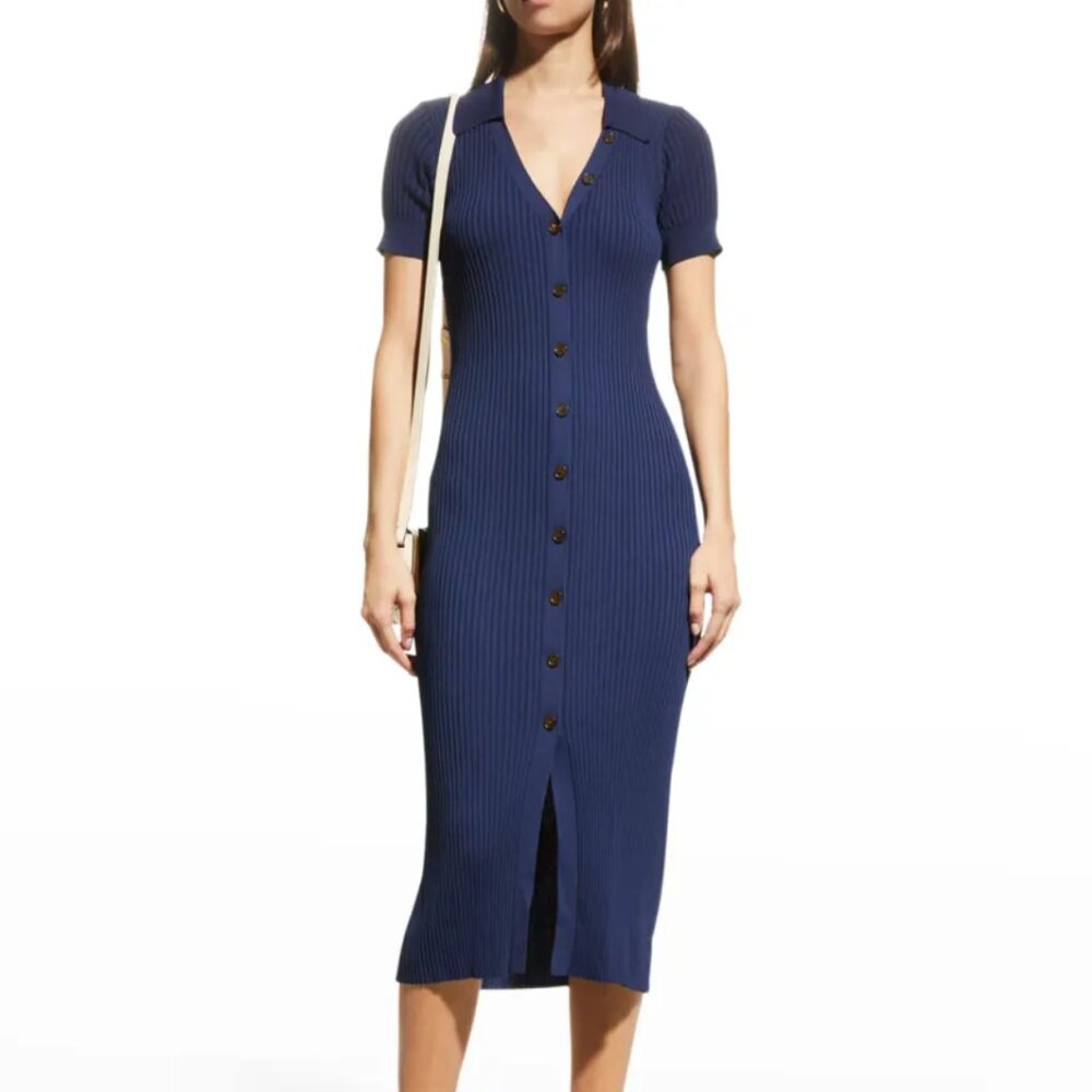 Shoshanna Atwell Ribbed Button-Down Midi Dress Navy